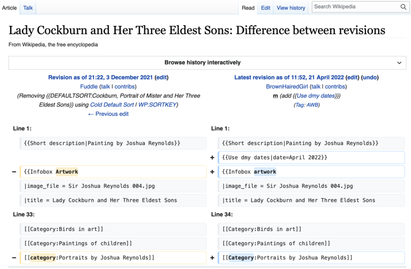 Example wikitext diff of Lady Cockburn and Her Three Eldest Sons showing that User:BrownHairedGirl made an edit that inserted a new template, changed an existing template, and changed an existing category. Additional lines in the diff are shown by the tool for context to help in determining what this change did. 