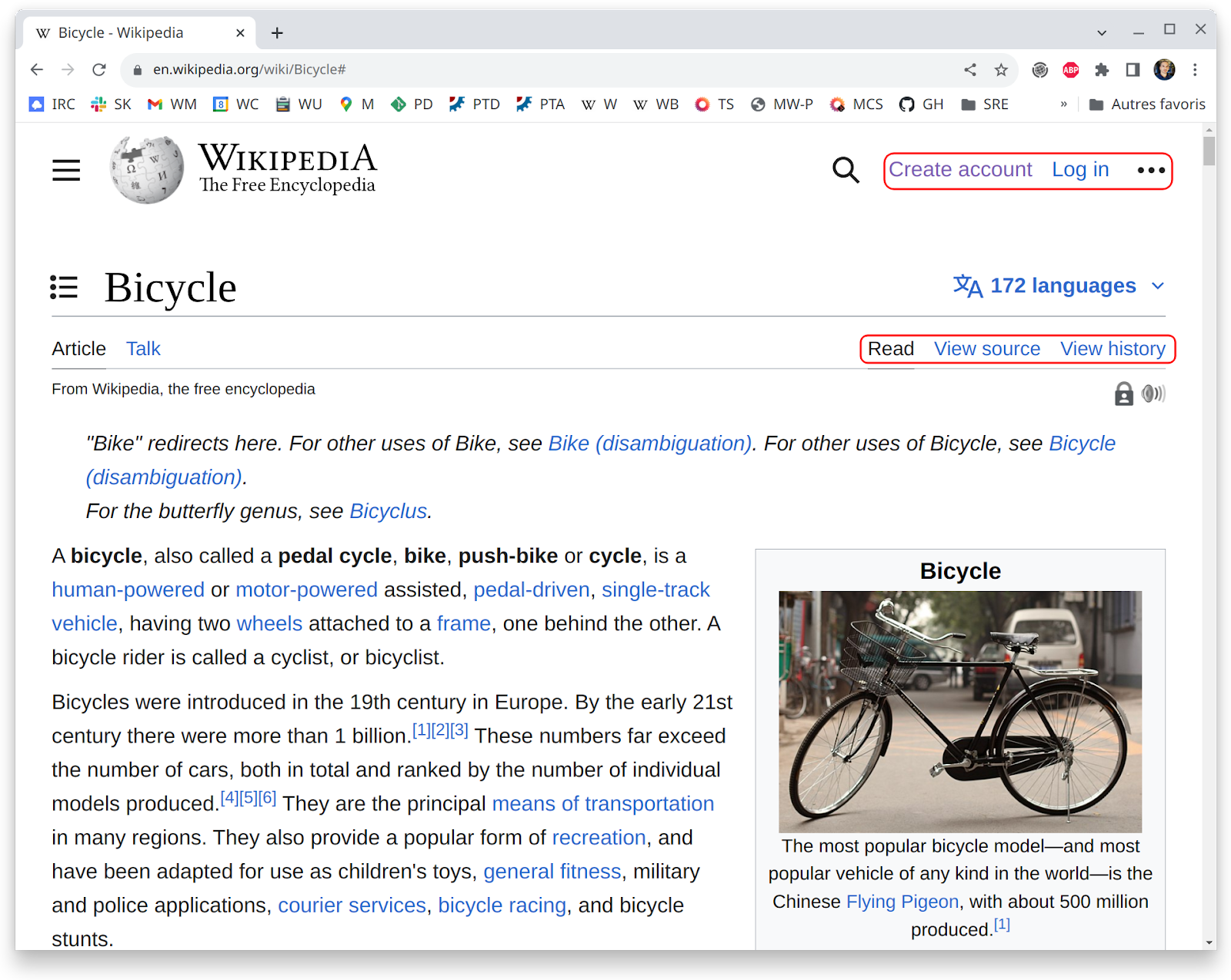 Screenshot of the "Bicycle" article on Wikipedia. The menu includes Create account and Log in links, indicating you are not logged-in. The toolbar includes a View source link.
